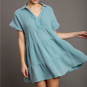 U-19 Umgee XL Dusty Blue Textured Tiered Dress